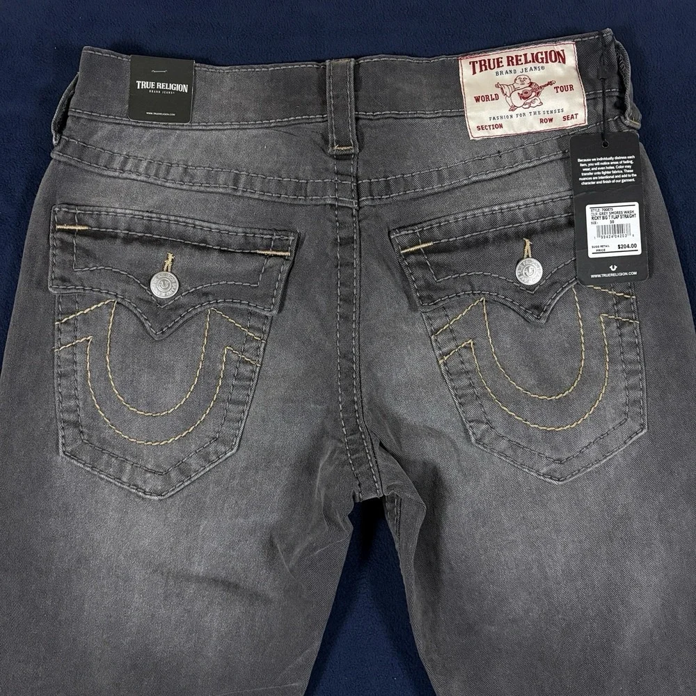True Religion Jeans Mens Size 30x34 Ricky Big T Flap Relaxed Straight Gray Denim